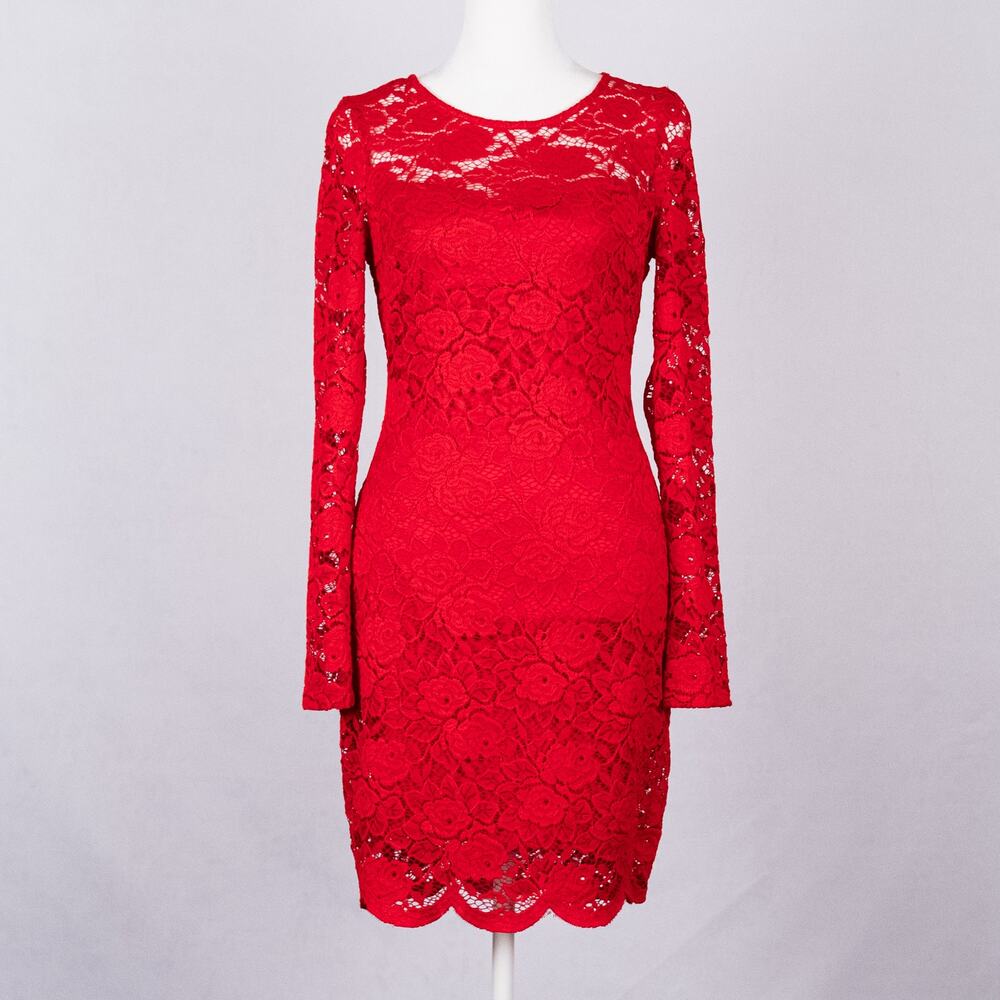Women's Size Small Red Lace Pencil Dress Floral Rose Romantic Feminine Western